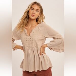 Eyelet Lace Peplum Back Tie Blouse|Ash